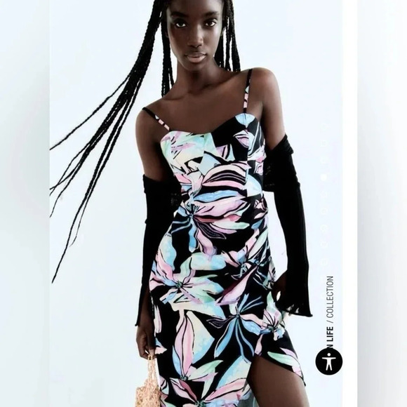 EUC Zara Linen Blend Tropical Print Corset Ruched Midi Dress Size Medium - Picture 5 of 17